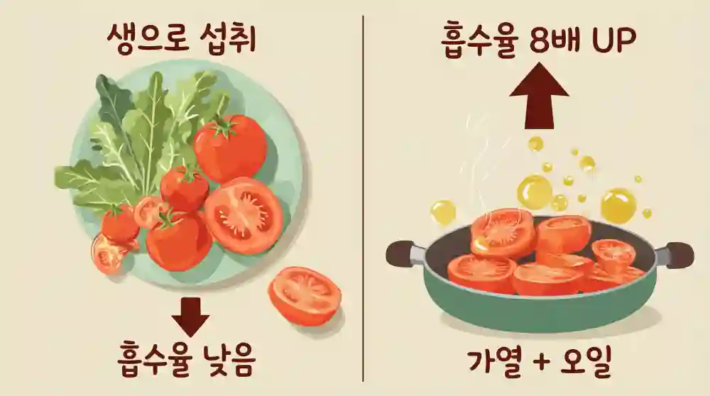라이코펜 섭취 방법 비교 일러스트. 왼쪽은 생 토마토 샐러드로 흡수율이 낮음을 표시, 오른쪽은 올리브유에 가열 조리한 토마토로 흡수율이 8배 증가함을 강조함