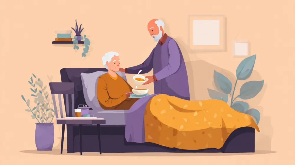 침상에서 식사를 돕는 장면의 일러스트 — 삼킴이 불편할 때의 식사 도움을 설명하는 그림
