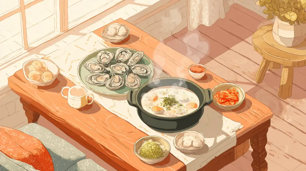 겨울철 보양식 굴 효능과 따뜻한 굴 국밥 상차림 일러스트