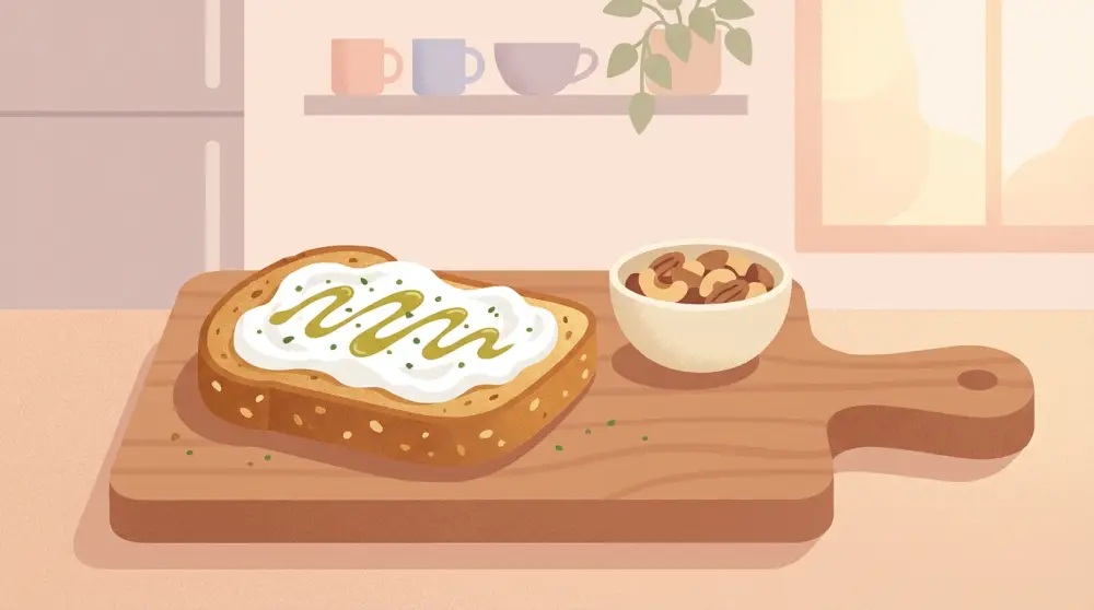 통밀빵에 바른 그릭 요거트 허브 딥과 견과류를 곁들인 건강 식단