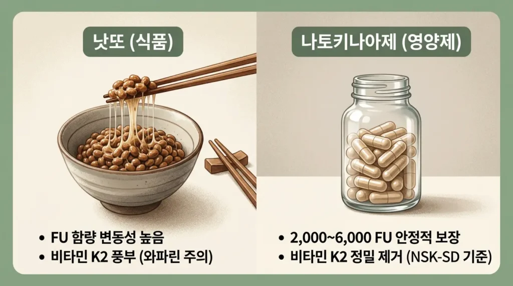 나토키나아제 영양제와 낫또 식품의 외형 및 성분 차이를 직관적으로 비교한 인포그래픽입니다.
