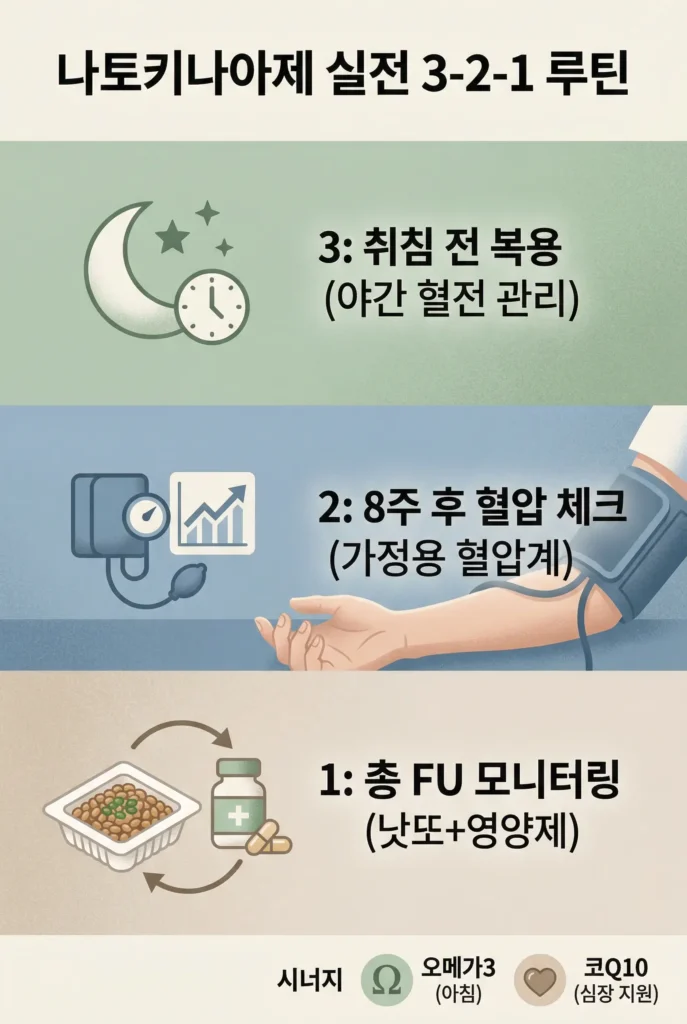 나토키나아제 영양제를 안전하고 효율적으로 복용하기 위한 일반인 대상 3-2-1 실전 루틴 안내도입니다.
