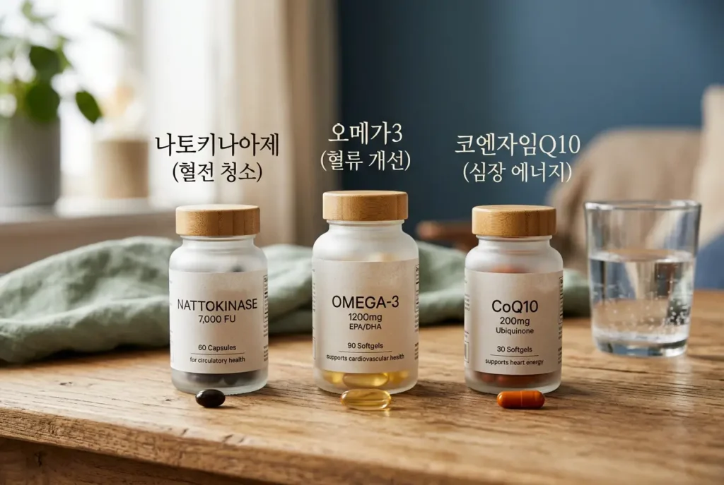 나토키나아제 영양제, 오메가3, 코엔자임Q10의 상호 시너지 효과와 혈행 관리 분담을 설명하는 이미지입니다.