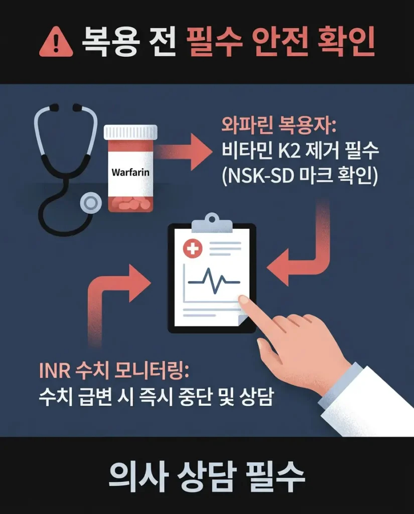 나토키나아제 영양제 복용 시 와파린 등 항응고제와의 상호작용 및 INR 모니터링 주의사항을 강조한 안전 정보입니다.