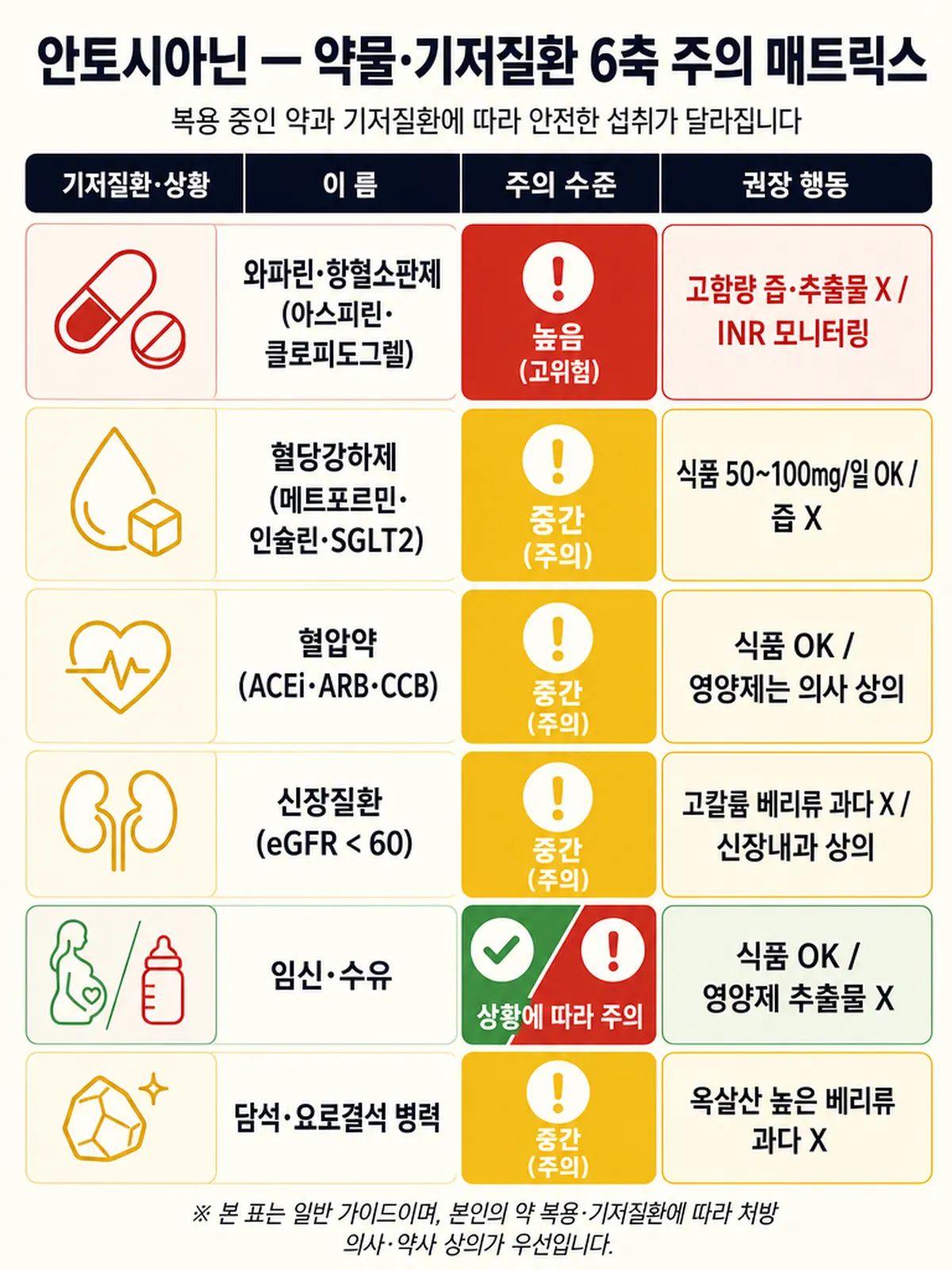 안토시아닌 약물·기저질환 6축 주의 매트릭스 (와파린·당뇨·혈압·신장·임신·결석)