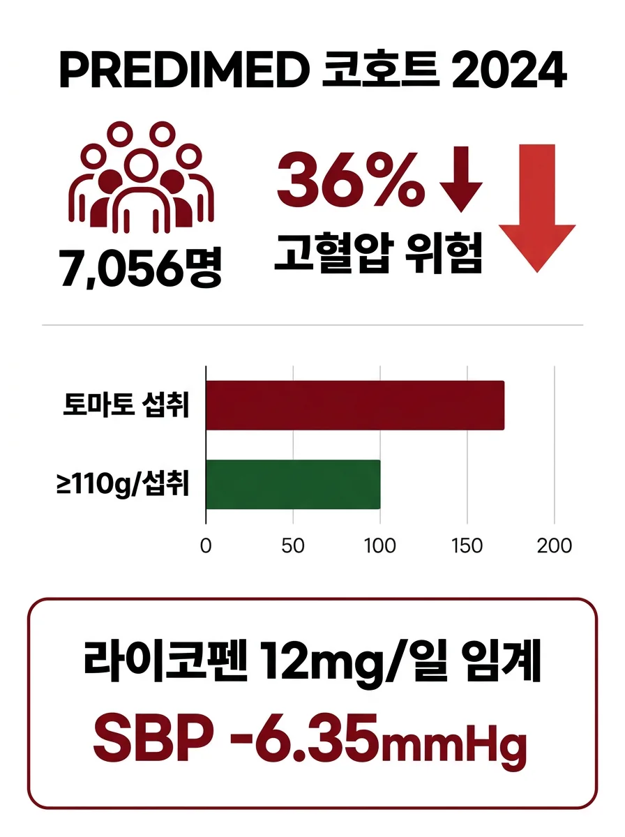 PREDIMED 코호트 7,056명 토마토 섭취량별 고혈압 발생 위험 36% 감소 인포그래픽, 12mg 라이코펜 임계값과 수축기 혈압 6.35mmHg 감소 그래프