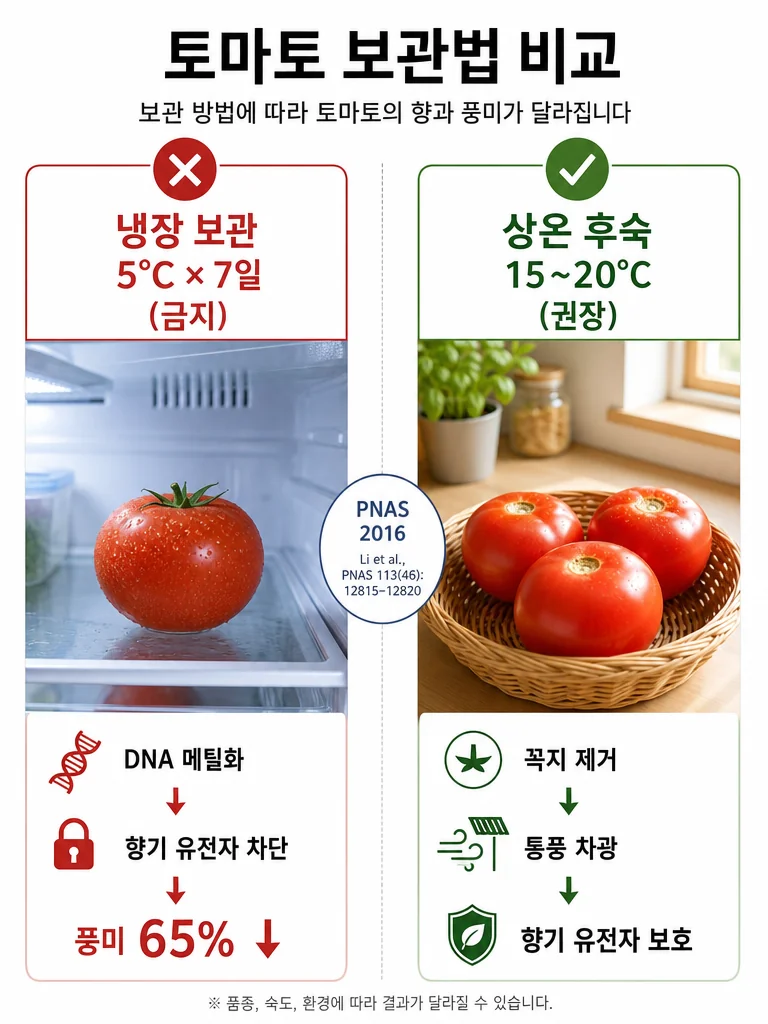 꼭지 제거한 후 그늘진 상온 바구니에서 후숙 보관하는 토마토와 냉장 보관 비교 인포그래픽