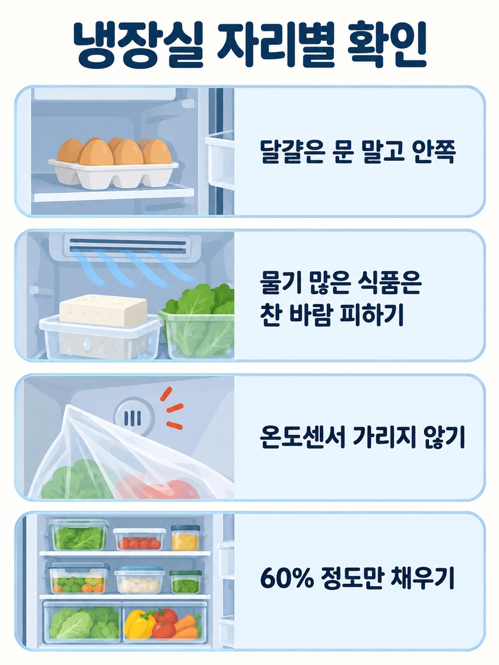 냉장실 자리별 안내 — 달걀은 문 쪽 말고 안쪽, 물기 많은 식품은 냉기 나오는 위쪽 안쪽 피하기, 온도센서 가리지 않기