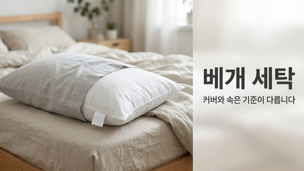 베개 세탁은 커버와 베개 속을 나눠 라벨부터 확인합니다