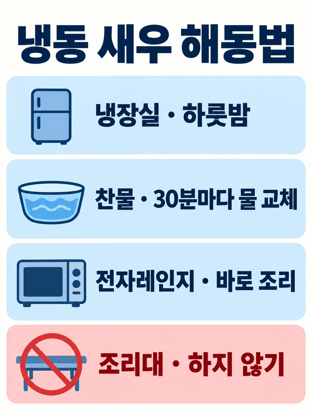 냉동 새우는 냉장실이나 찬물에서 녹이고 조리대에서는 녹이지 않습니다