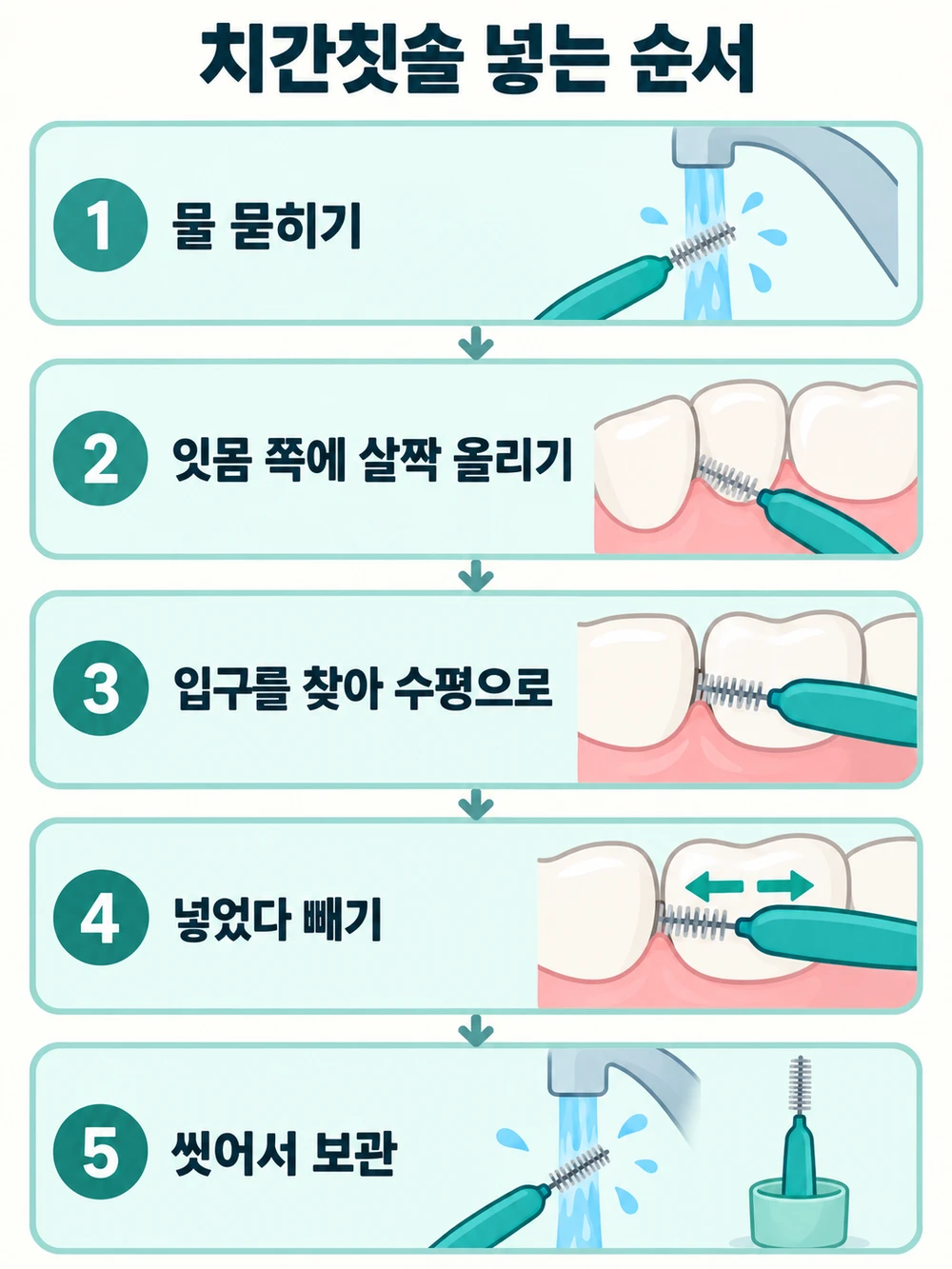 치간칫솔 넣는 순서 — 물 묻히기, 잇몸 쪽에 살짝 올리기, 입구를 찾아 수평으로 넣기, 빼기, 씻어 보관