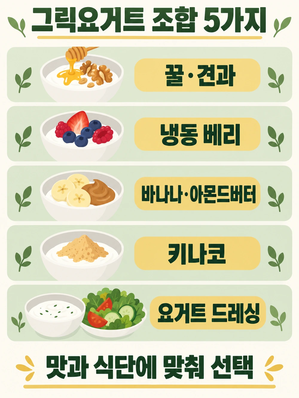 꿀·견과, 냉동 베리, 바나나·아몬드버터, 키나코, 요거트 드레싱 조합