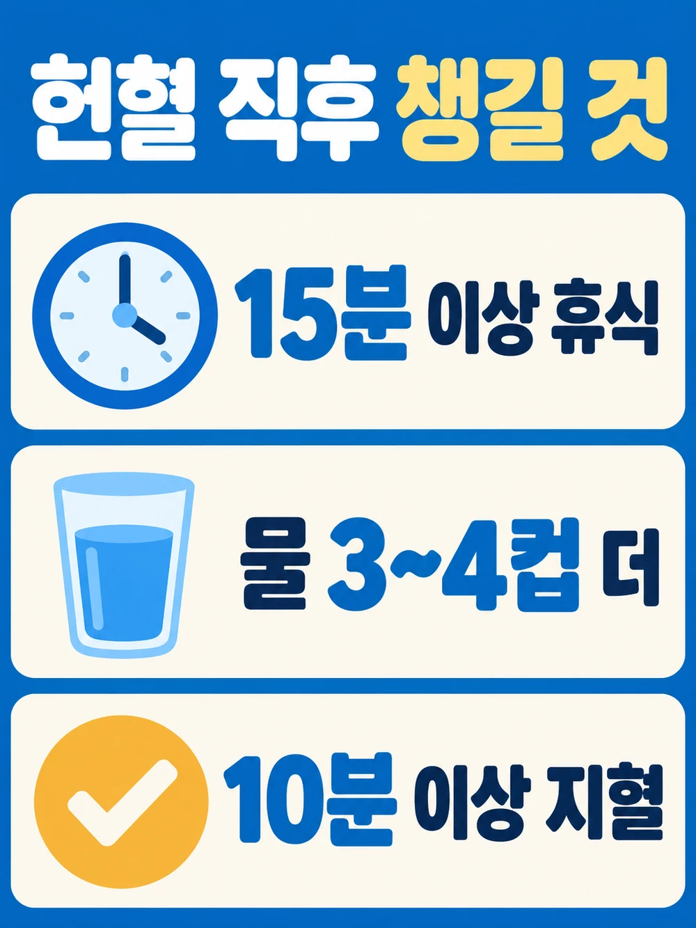 헌혈 후 휴식, 수분 섭취, 지혈 항목을 정리한 체크리스트 도식