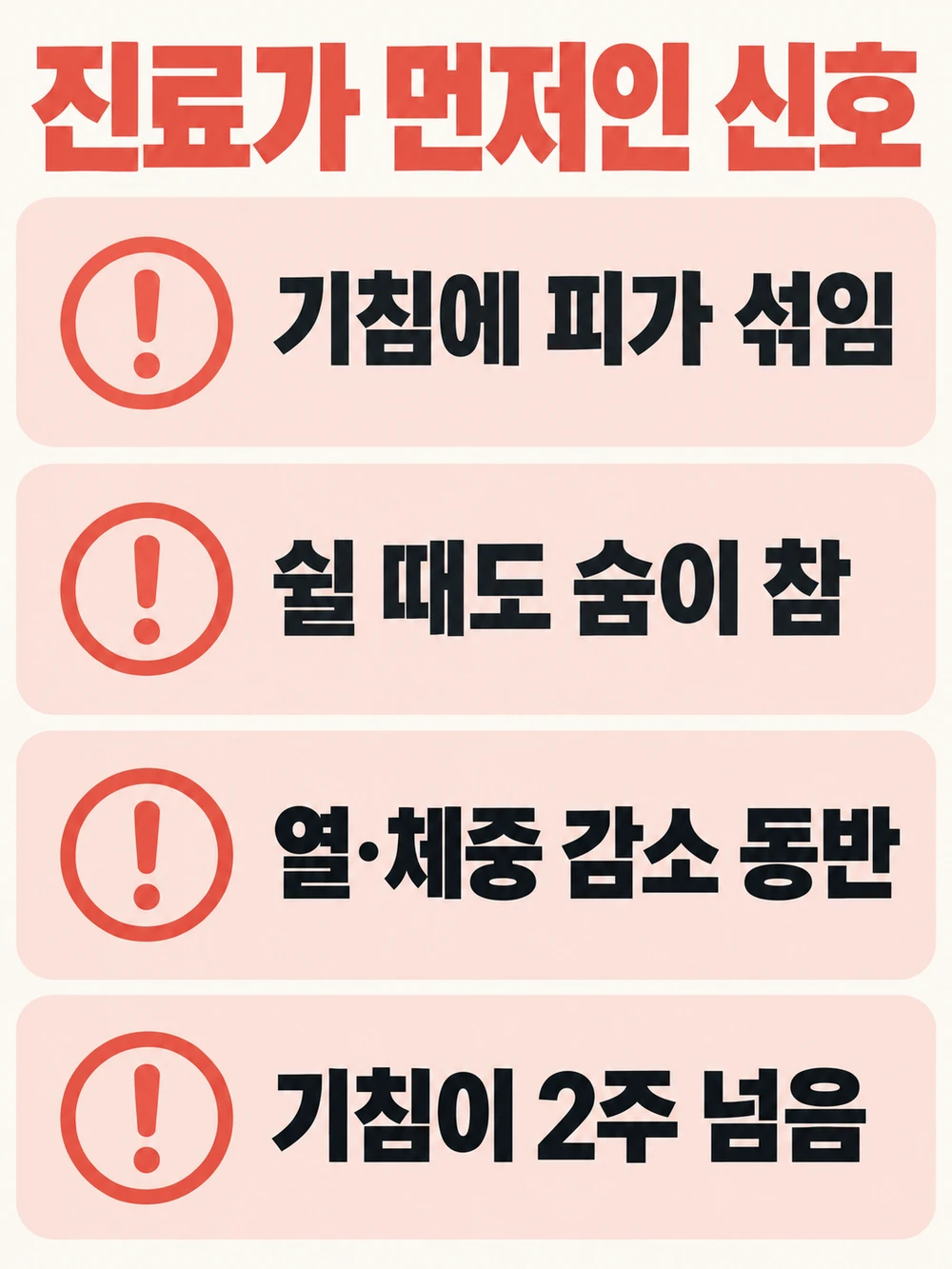 마른기침 진료가 필요한 신호: 객혈, 쉴 때나 밤에 두드러진 호흡곤란, 발열 또는 체중 감소, 2주를 넘는 기침을 정리한 도식