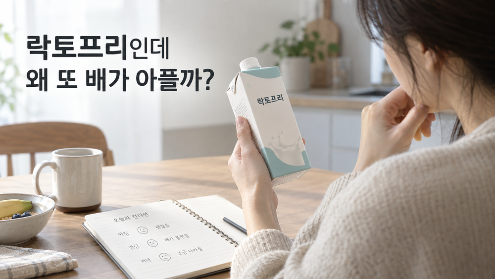 락토프리 우유 표시와 증상 기록을 확인하는 모습을 표현한 AI 생성 이미지