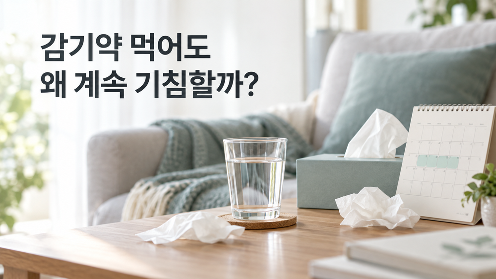 물컵과 휴지, 달력을 배치한 감기 관리 주제의 AI 생성 이미지