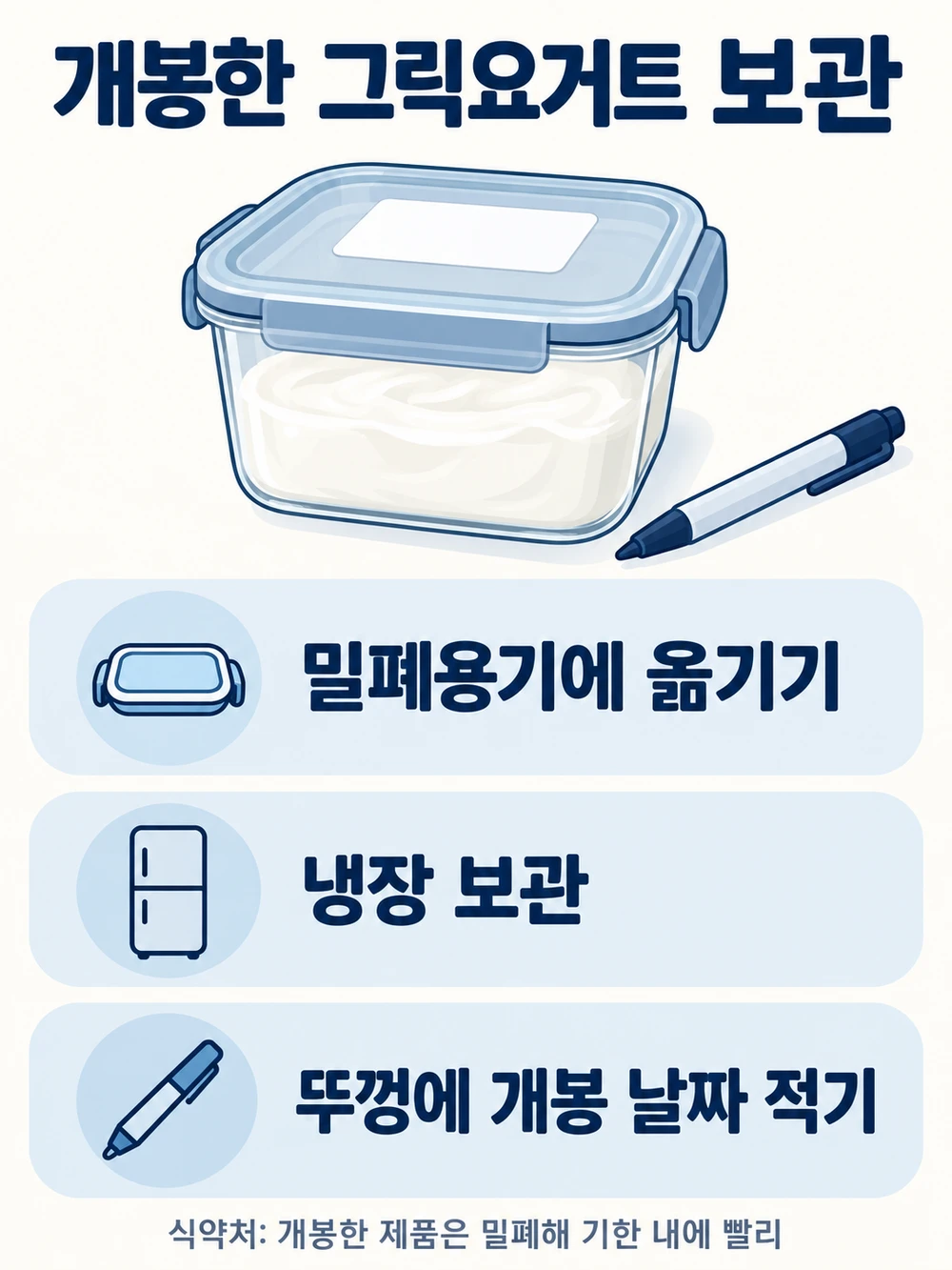 개봉한 그릭요거트는 밀폐해 냉장하고 개봉 날짜를 적어 둡니다