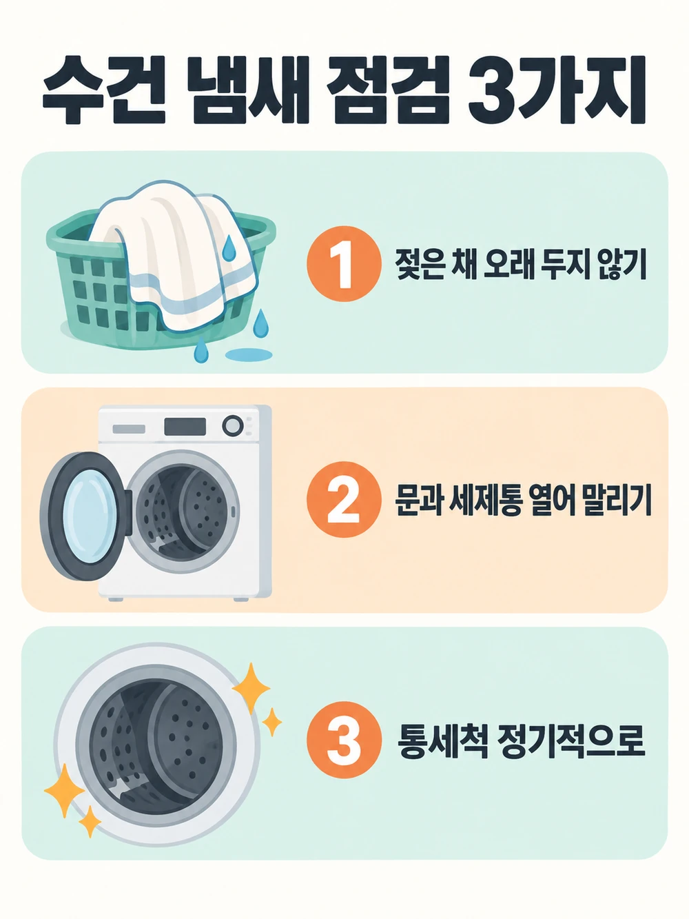 삼성·LG 안내가 공통으로 짚은 수건 냄새 점검 3가지 — 젖은 채 두지 않기, 문 열어 말리기, 통세척