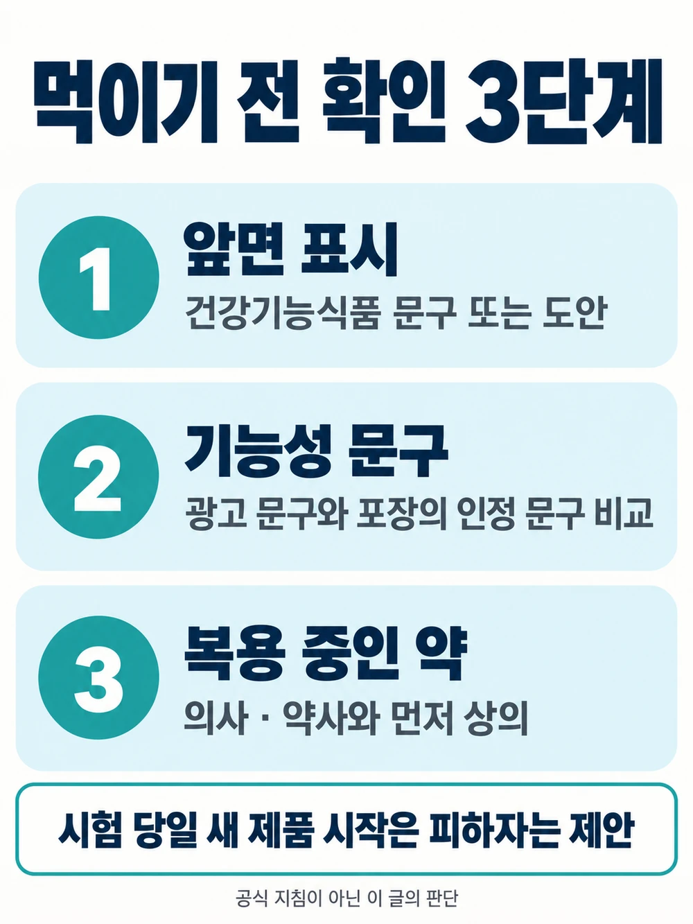 수험생 영양제 확인 순서 — 라벨 문구, 복용 중인 약, 시험 당일 새로운 것 시작하지 않기