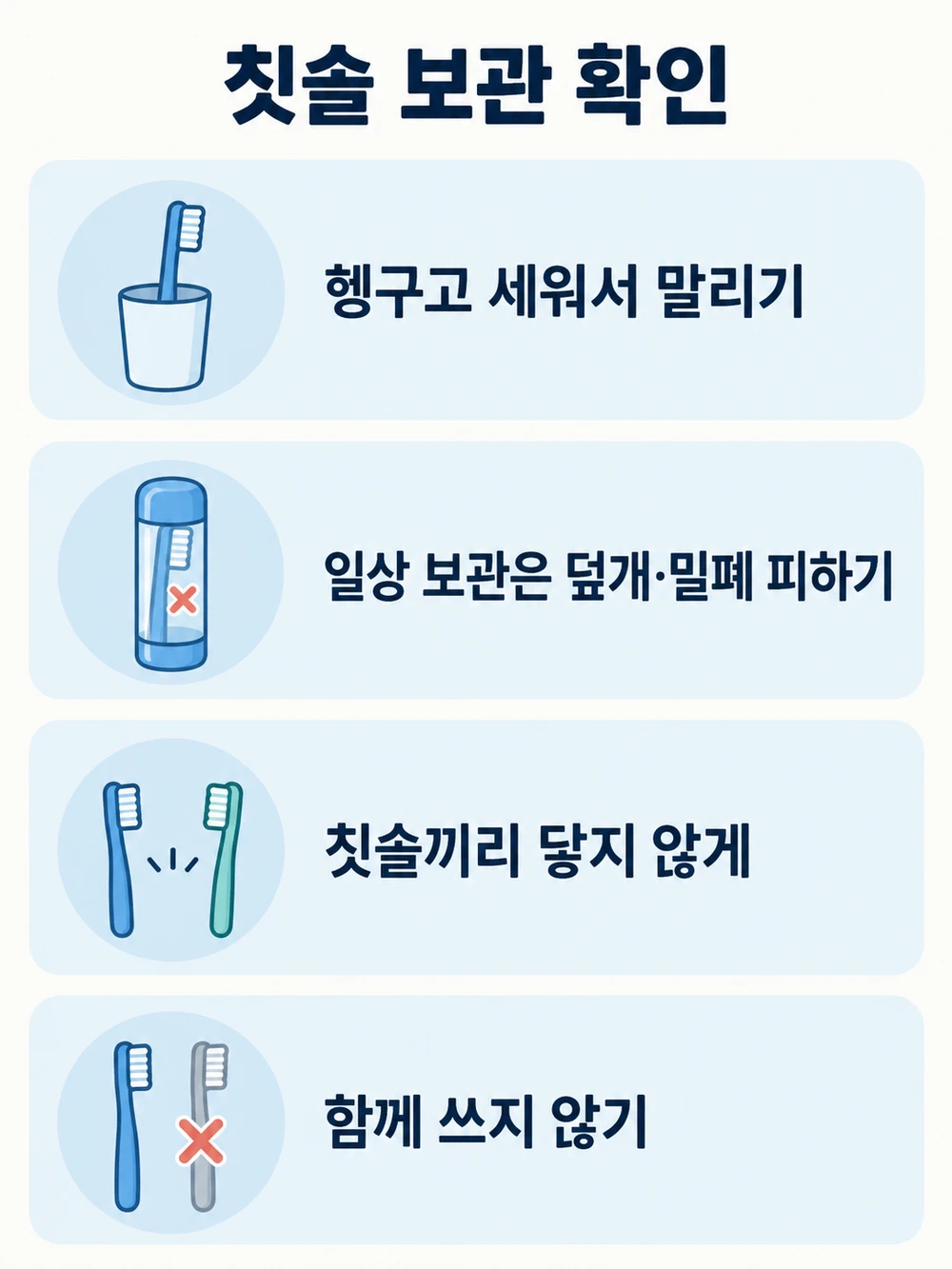 칫솔 보관법 — 헹구고 세워서 말리기, 덮개나 밀폐 용기 쓰지 않기, 칫솔끼리 닿지 않게 두기, 함께 쓰지 않기